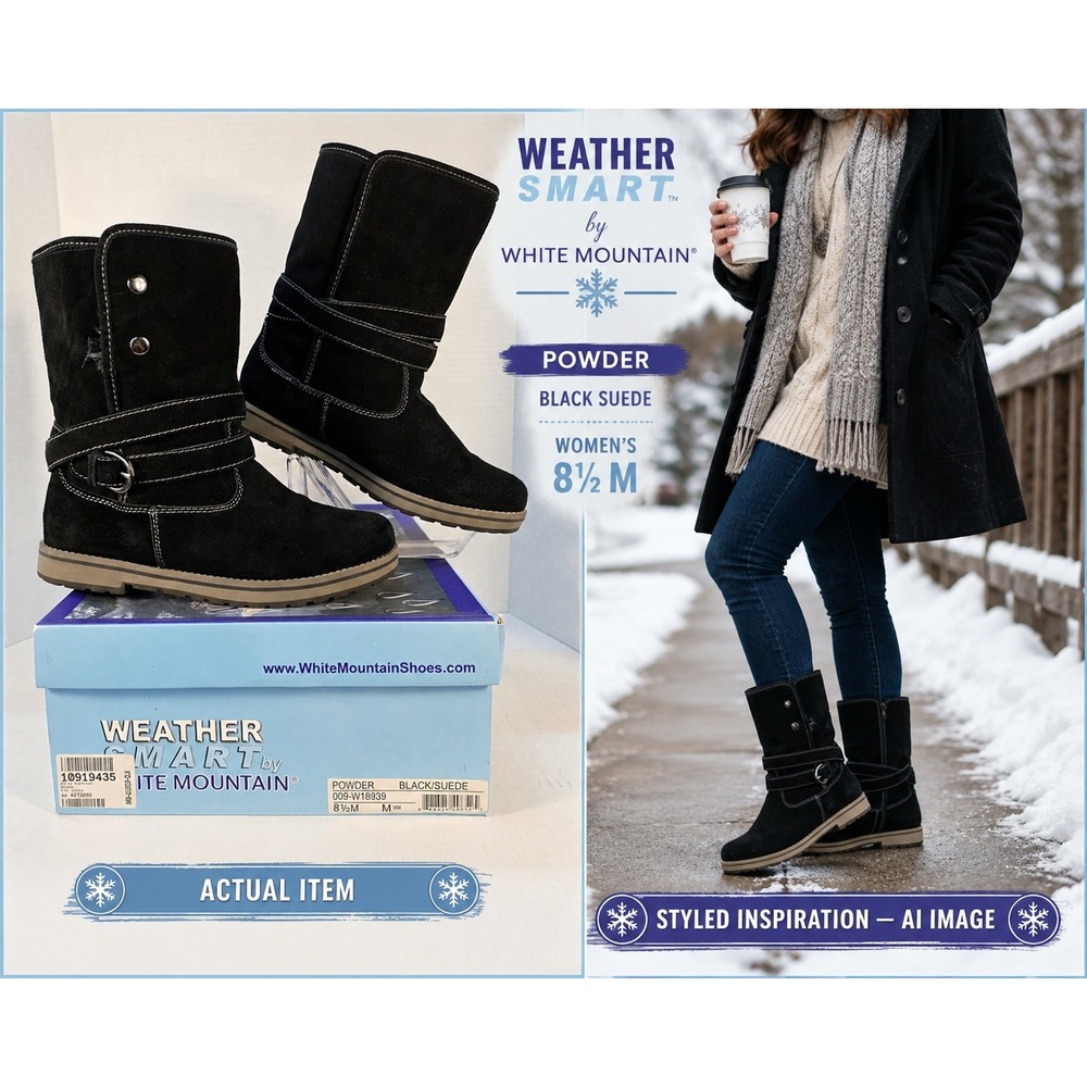 White Mountain Powder Boot Womens Winter Suede Black 8.5 M EUC Cabincore Cozy